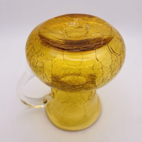 Vintage Crackle Glass Mini Pitcher Hand Blown Yellow Amber Applied Clear Handle - Picture 5 of 5